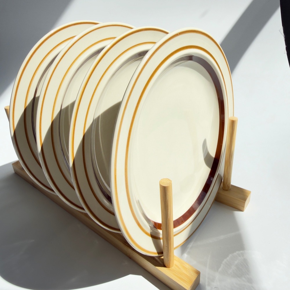 Maxam Woodcliff Salad Plates Stoneware Brown Tan Striped 7.5in Vintage Set of 4